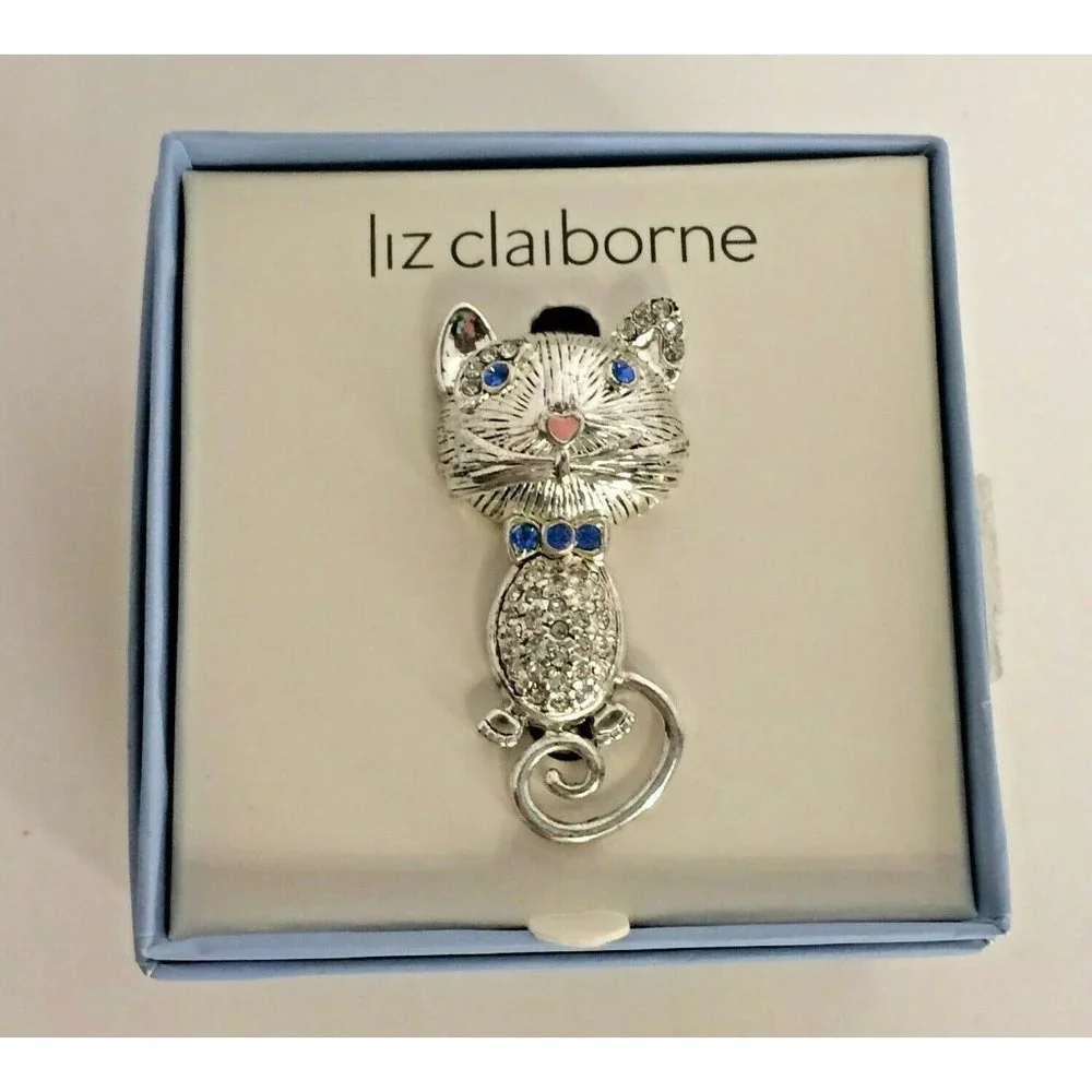 Liz Claiborne Mouse Pin Rhinestone Brooch Blue Eye Costume Jewelry Heart Nose - Picture 2 of 8